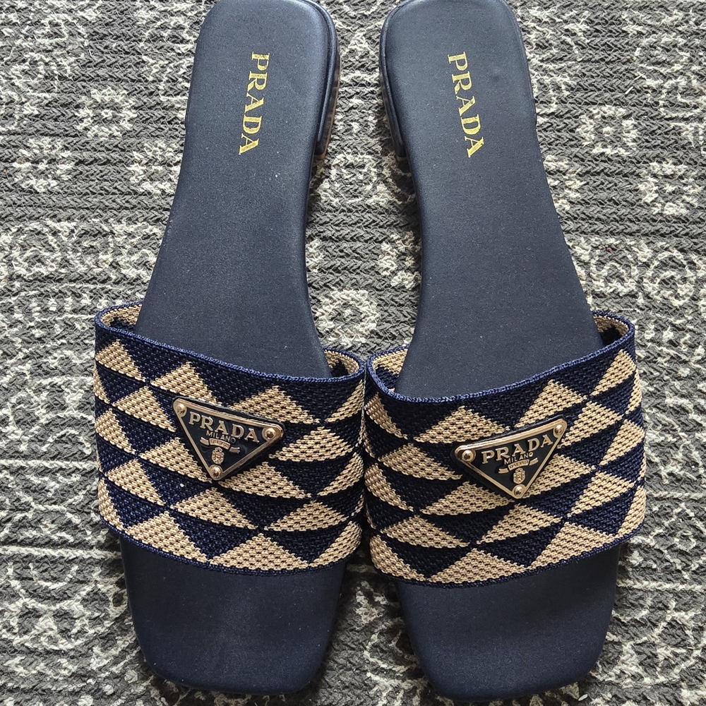Prada Women's Navy and Beige Slide Sandals